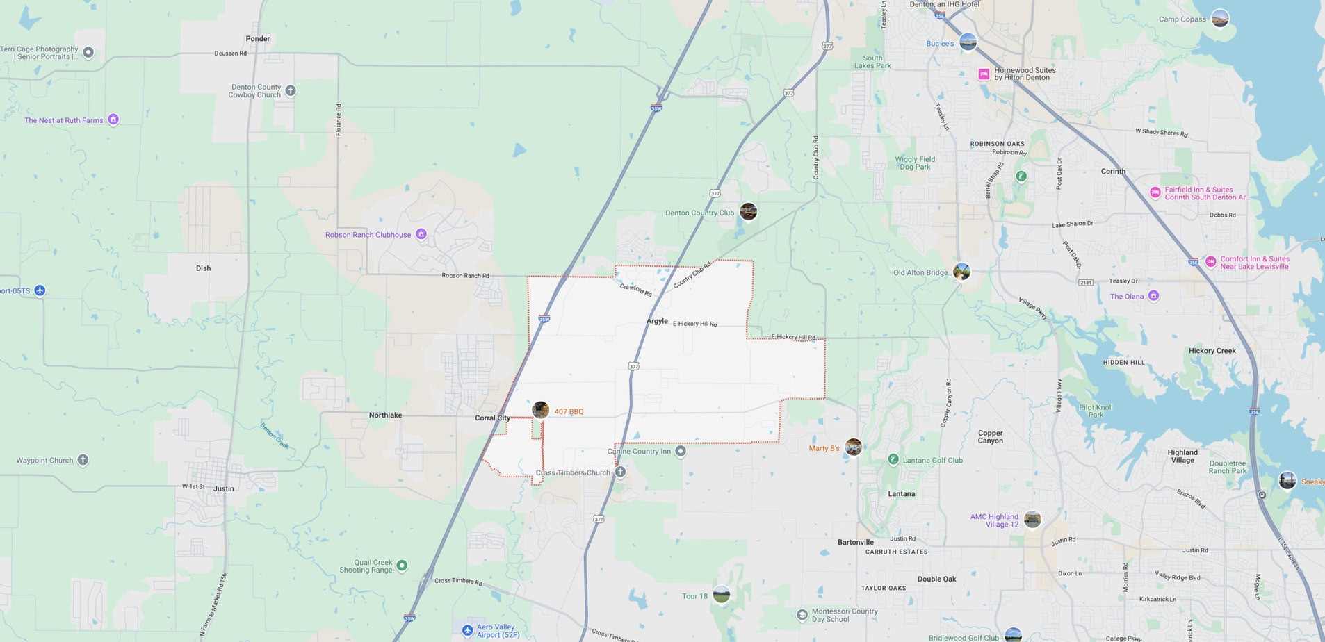 Close up map of Argyle, Texas.